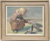 Mädchen beim Taubenfüttern by Karl Schenk, oil on board, sold Jun 2024