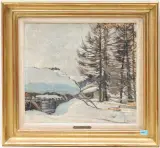 Winterlandschaft mit Scheunen by Eduard Stiefel, oil on board, sold Jun 2024