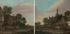 Gegenstücke: Belebte Dorfstrasse mit Reitern vor einem Wirtshaus / Bei der Tränke by Thomas Heeremans, oil on canvas, offered Mar 2024