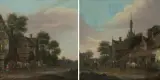 Gegenstücke: Belebte Dorfstrasse mit Reitern vor einem Wirtshaus / Bei der Tränke by Thomas Heeremans, oil on canvas, offered Mar 2024