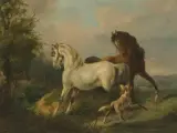Zwei Pferde und ein Hund auf der Koppel by Josef Anton Strassgschwandtner, oil on canvas, offered Mar 2024