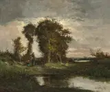 Landschaft mit Weiher und zwei Bäuerinnen by Étienne-Maxime Vallée, 1875, oil on canvas, sold Mar 2024