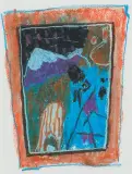Komposition in Orange-, Lila und Blautönen by Andro Wekua, mixed media, offered Mar 2024