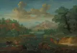 Flusslandschaft mit Tier- und Figurenstaffage by Holland, 18.Jh., oil on panel, offered Mar 2024