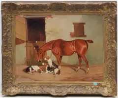 Pferd und Jagdhunde vor dem Stall by Algernon Talmage, oil on canvas, offered Mar 2024