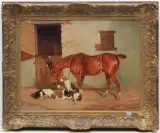 Pferd und Jagdhunde vor dem Stall by Algernon Talmage, oil on canvas, offered Mar 2024