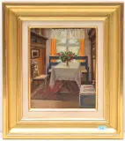 Interieur mit Tisch vor dem Fenster by Else Müller-Kaempff, oil on board, sold Mar 2024