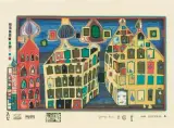 Mit der Liebe warten tut weh, wenn die Liebe woanders ist by Friedensreich Hundertwasser, 1972, color screenprint, sold Jun 2025