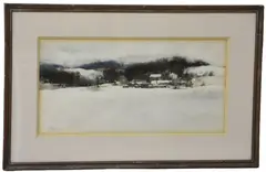 Landscape Painting "Birdland" depicting a snow covered Chester County landscape by Philip Jamison, watercolor on board, sold Dec 2024