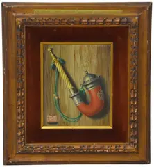 Trompe L'oeil Pipe Painting" depicting an antique pipe with crescent moon and star by Charles Cerny, oil on canvas, sold Dec 2024