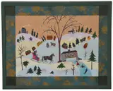 Folk Art Painting "American Primitive" depicting an Americana winter landscape by Harry Dunn, acrylic on panel, sold Dec 2024