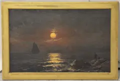 Marine painting depicting a sailboat on a moonlit sea by Mauritz de Haas, oil on canvas, sold Dec 2024
