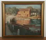 DE artist by Edward Grant, oil painting "Delaware Boathouse", sold Jan 2025