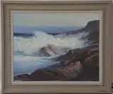 Massachusetts Coastal Landscape "Late Light" depicting waves crashing on a rocky shore in Cape Ann by Roger Curtis, oil on canvas, sold Jan 2025