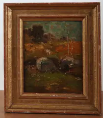 Landscape Painting with Rocks by Edward Gay, oil on wood panel, sold Jan 2025
