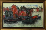 Modernist Harbor Scene by Pierre Nolot, 1962, oil on canvas, sold Jun 2022
