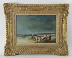 beach scene by Donald Purdy, oil on board, sold Dec 2024