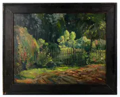 garden scene with fence by William Forsyth, oil on canvas, sold Jan 2025