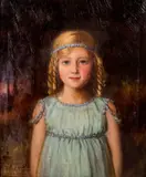 Portrait of a Young Blonde Girl in a Baby Blue Dress by Ernest Moore, circa 1890s, Oil on Canvas, sold May 2024