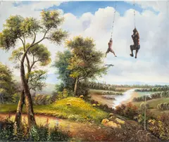 Landscape Scene with Two Swinging Figures by Shay Kun, 2006, Oil on Canvas, sold May 2024