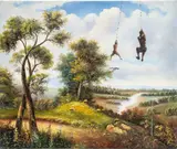 Landscape Scene with Two Swinging Figures by Shay Kun, 2006, Oil on Canvas, sold May 2024