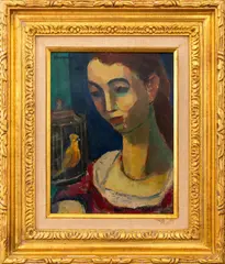 Woman and Bird by Gerrit Hondius, Oil on Board, sold May 2024