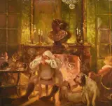 Pierrot asleep in a fire lit interior by Gaston La Touche, oil, sold May 2022
