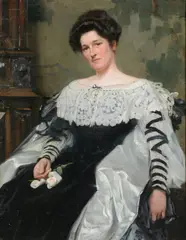 Portrait of a lady seated, wearing a white lace trimmed dress by Alexander Mann, 1904, oil, sold May 2022