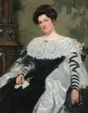 Portrait of a lady seated, wearing a white lace trimmed dress by Alexander Mann, 1904, oil, sold May 2022