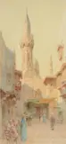 A bustling street in cairo with a minaret by Walter Tyndale, Watercolour, offered May 2022