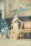 An elegant lady in an interior by Gustavo Simoni, watercolour, offered May 2022