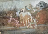 Fairies playing with a horse / fairies playing with a cow / a bird by a nest by John Anster Fitzgerald, 1888, Watercolour and bodycolour, sold May 2022