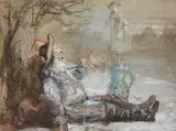 Dreaming cavalier / a cavalier seeing an apparition / bringing the reprieve by John Anster Fitzgerald, watercolor, sold May 2022