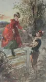 A cavalier helping a lady across a stile by John Anster Fitzgerald, Watercolour and bodycolour21, offered May 2022