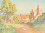 Country lane lined with cottages by Walter Follen Bishop, watercolor, offered May 2022
