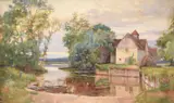 Landscape with a watermill by Walter Follen Bishop, watercolor, sold May 2022