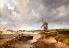 River landscape with figures on a boat by a windmill by Frederick Richard Lee, oil, sold May 2022