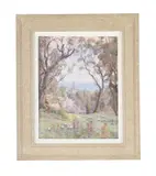 Woodland view overlooking a church and the sea by Beatrice Emma Parsons, watercolor, sold May 2022