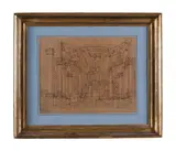 An architectural stage design by Lorenzo Sacchetti, Pen and ink on brown paper30 x, sold May 2022