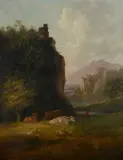 Cattle resting in a rocky landscape by John Rathbone, Oil on panel, offered Apr 2022