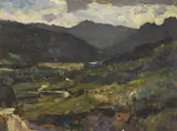 Sunshine in the langdale valley by Bertram Priestman, Oil on board, sold Apr 2022