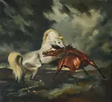 Horses - the attack by Raoul Millais, Oil on canvas, sold Apr 2022