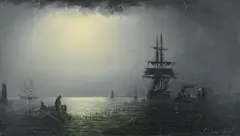 Shipping under moonlight by Adolphus Knell, Oil on board, sold Apr 2022