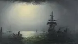 Shipping under moonlight by Adolphus Knell, Oil on board, sold Apr 2022