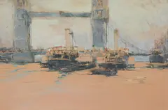 Tower bridge with boats in the foreground by William Walcot, 1924, Mixed media on brown paper, offered Apr 2022