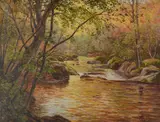 Flowing water through autumn glade by René Charles Edmond His, Oil on canvas, offered Apr 2022