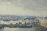 A port view with city beyond by Charles Cundall, 1931, Oil on panel, sold Apr 2022
