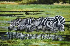 Zebras at the watering hole by Larry Norton, Oil on canvas, sold Apr 2022