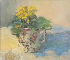 The decorative mug by Mary Jackson, Oil on canvas-board, offered Apr 2022
