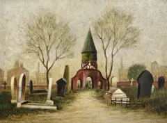 The cemetery, charltonville by Arthur Delaney, Oil on board, sold Apr 2022
